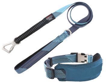 2-in-1 Shock Absorbing Neoprene Padded Dog Leash and Collar (Color: Blue, Size: Large)